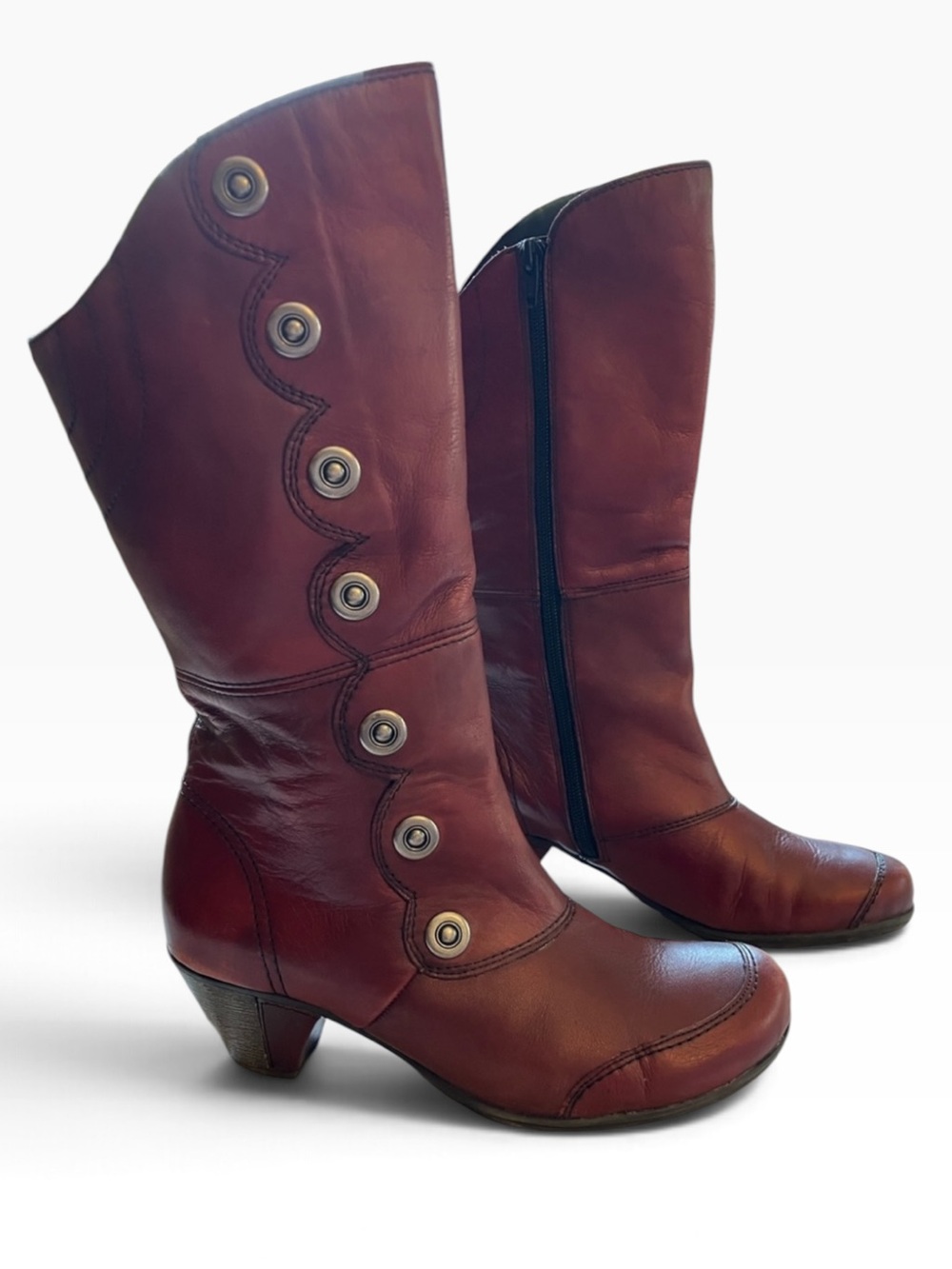 Remonte Leather Heeled Boots size 39 scalloped leather burgundy